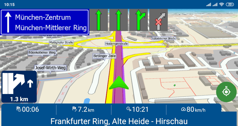 Gruenes GPS Navigationspfeil in Navigator 7 für Android