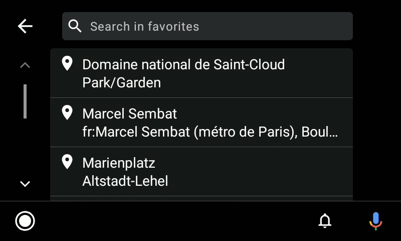 Screeshot Mapfactor Navigator 7.2 - Search in favourites on Android Auto