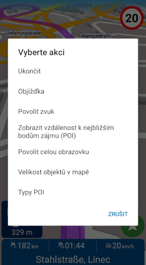 Screenshot z aplikace Navigator 8 pro Android - rychlé akce při navigaci