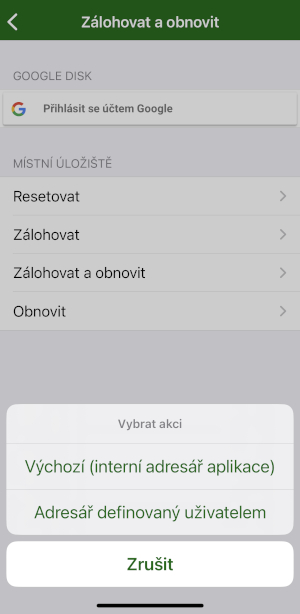 Screenshot MapFactor Navigator pro iOS (iPhone, iPad) - záloha nastavení - místní adresář