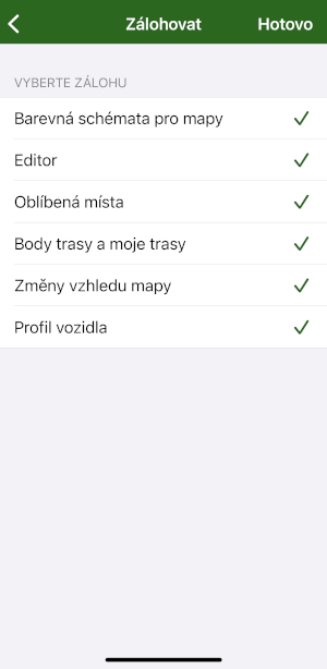 Screenshot MapFactor Navigator pro iOS (iPhone, iPad) - záloha nastavení - položky zálohy
