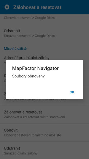 Screenshot MapFactor Navigator pro Android - Soubory nastavení obnoveny ze zálohy