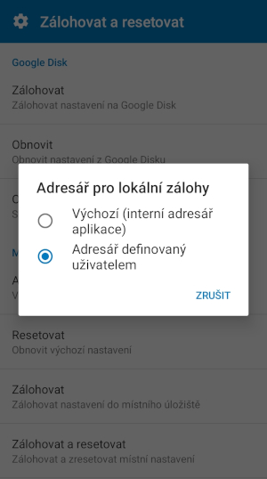 Screenshot MapFactor Navigator pro Android - Lokální záloha - nastavení adresáře