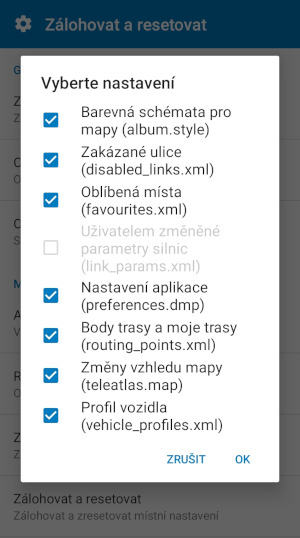 Screenshot MapFactor Navigator pro Android - Záloha nastavení - vyberte nastavení k záloze