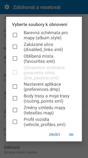 Screenshot MapFactor Navigator pro Android - Obnova nastavení - vyberte soubory k obnovení