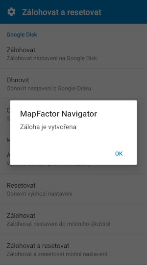 Screenshot MapFactor Navigator pro Android - Záloha nastavení vytvořena