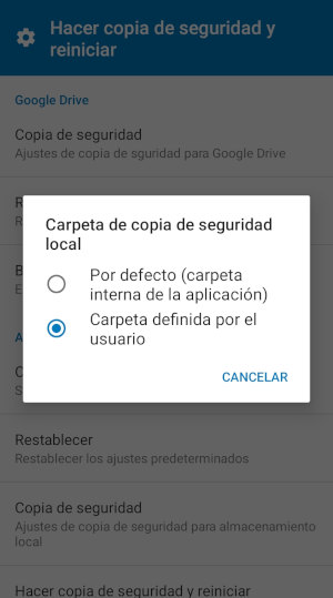 Captura de pantalla MapFactor Navigator Android - carpeta de copia de seguridad local