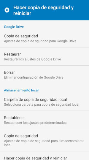 Captura de pantalla MapFactor Navigator Android - Hacer copia de seguridad y reiniciar