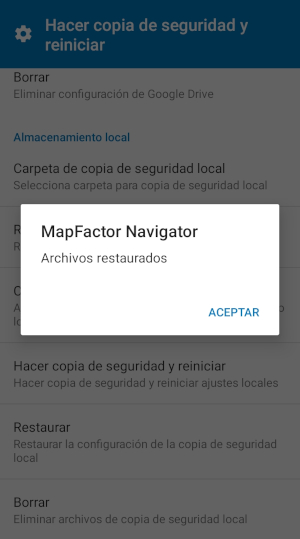 Captura de pantalla MapFactor Navigator Android - Copia de seguridad - Archivos restaurados