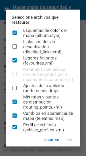 Captura de pantalla MapFactor Navigator Android - Copia de seguridad - Seleccione archivos que restaurar