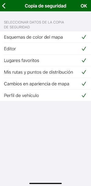 Captura de pantalla MapFactor Navigator iOS - Copia de seguridad - seleccionar datos